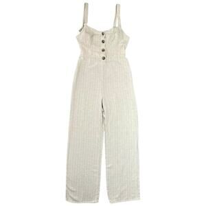 Rolla’s Linen Blend Striped Wide Leg Jumpsuit Neutral Button Front Tie Back - S